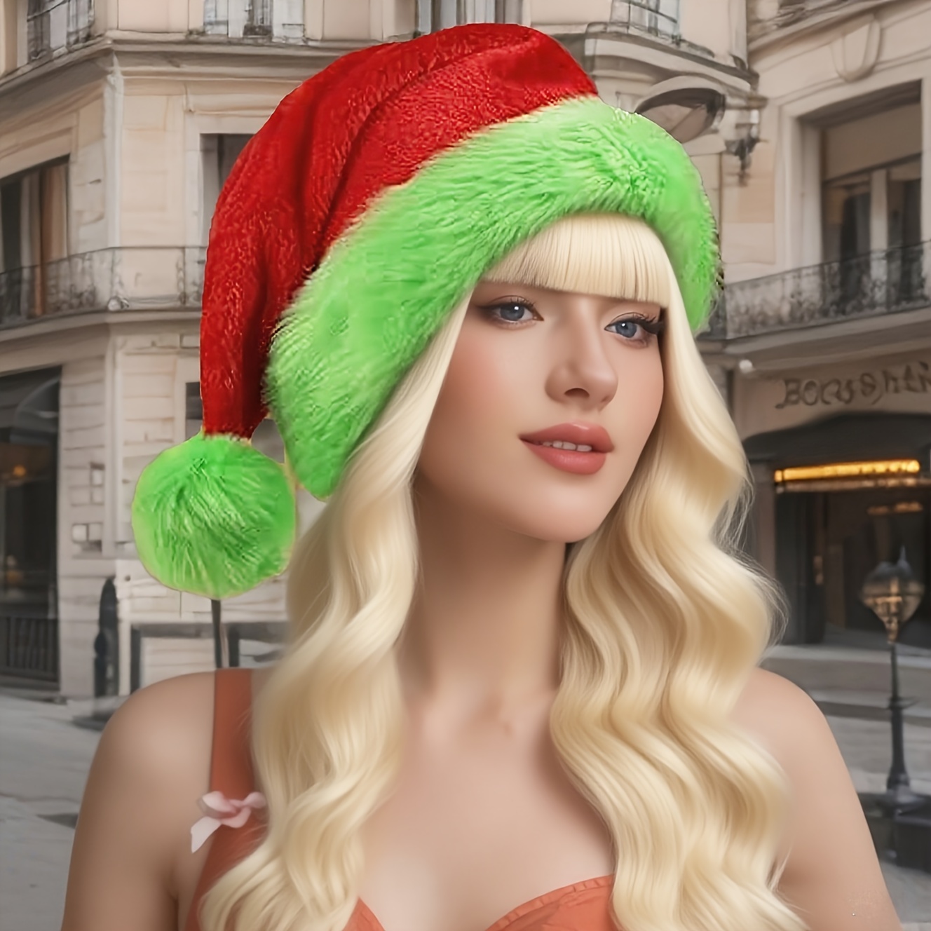 Santa Hat Plush - Fluorescent Green Edge Red Santa Hat