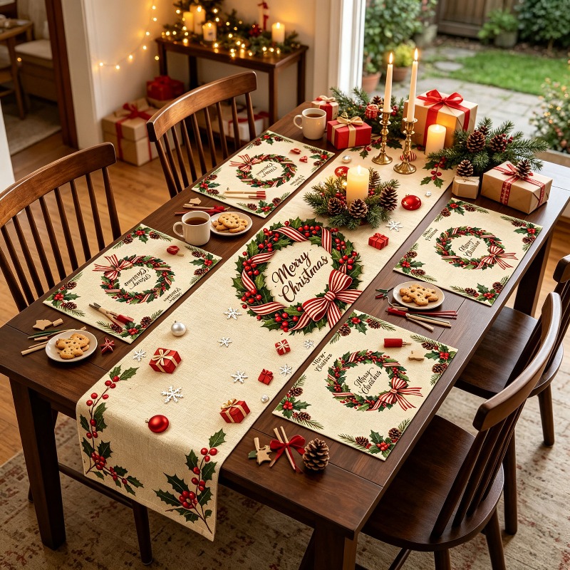 5pcs Christmas Wreath Printed  - огляд і ціна Christmas Table Runner